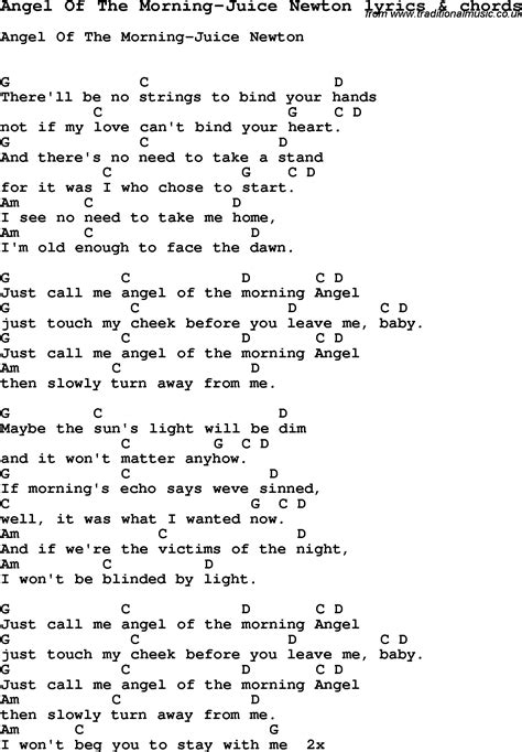 Sep 3, 2019 ... Juice Newton's “Angel of the Morning” Lyrics Meaning ... Although the lyrics of Juice Newton's “Angel of the Morning” are very symbolic and open- ...